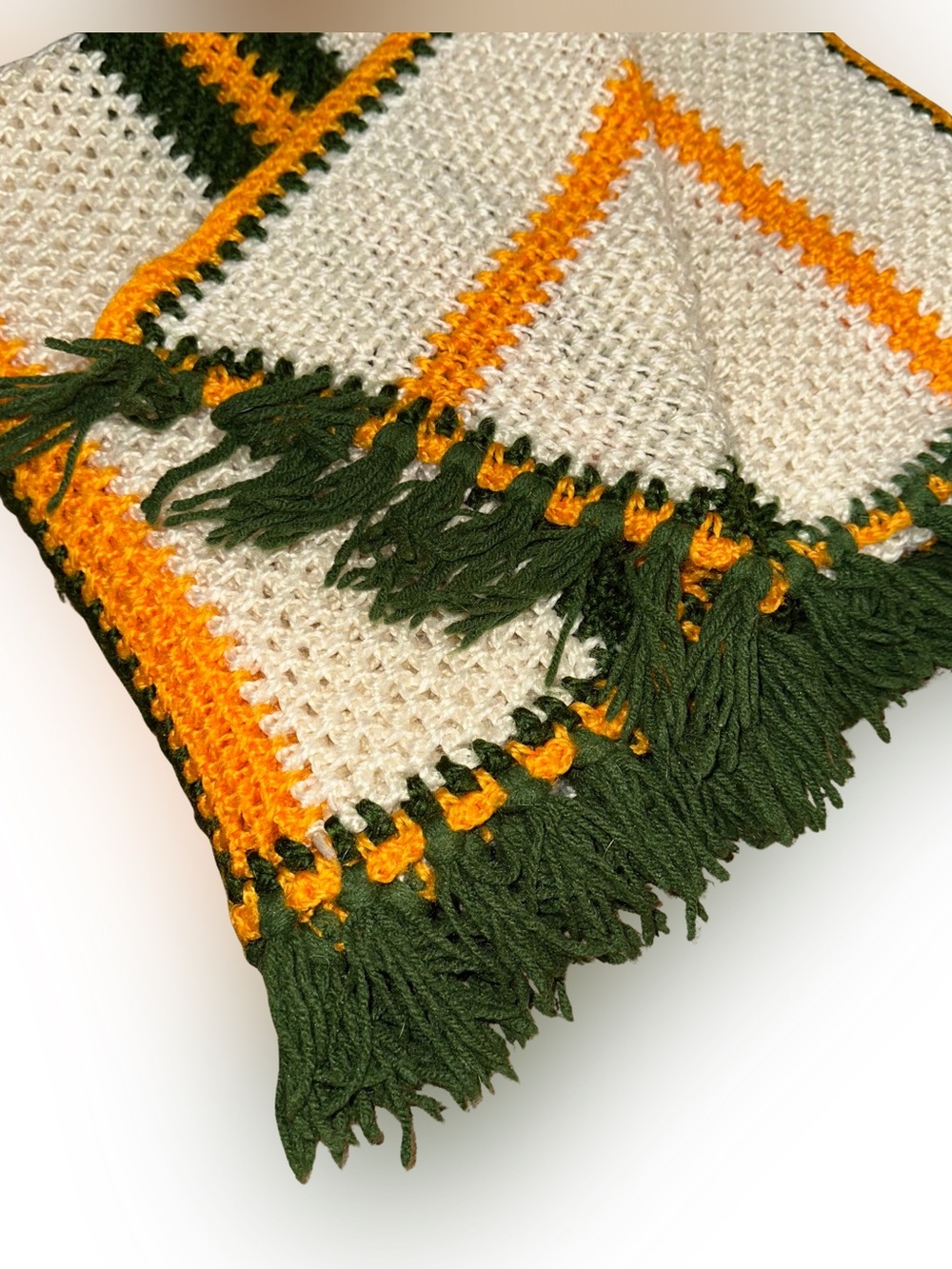 Vintage Granny Crocheted Lap Blanket 56x28 Green Gold Packers Baylor Fan